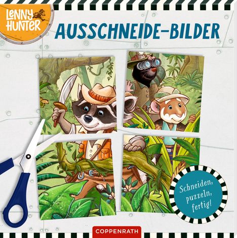 Texte: "AUSSCHNEIDE-BILDER", "Schneiden, puzzeln, fertig!", "LENNY HUNTER". Illustration: Tiere im Dschungel mit Safari-Kleidung.