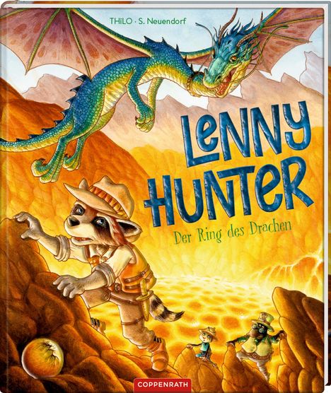 „Lenny Hunter: Der Ring des Drachen.“ Ein Waschbär-Abenteurer klettert in einer sandigen Wüstenlandschaft, ein Drache fliegt darüber.