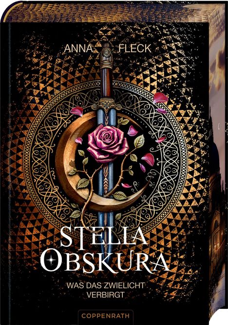 Der Titel lautet "Stella Obskura: Was das Zwielicht verbirgt". Ein Schwert durchbohrt eine Rose, umgeben von Ornamenten.