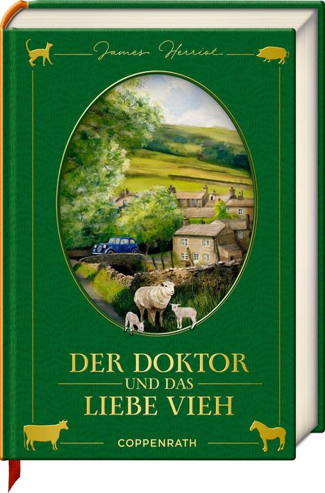 "James Herriot", "Der Doktor und das liebe Vieh", "Coppenrath". Illustration: Landschaft mit Schafen und Dorf.