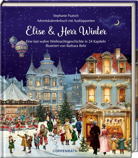 Titel: "Elise & Herr Winter". 
Stadt im Winter mit Menschen, Karussell und geschmückten Gebäuden; festliche Atmosphäre.