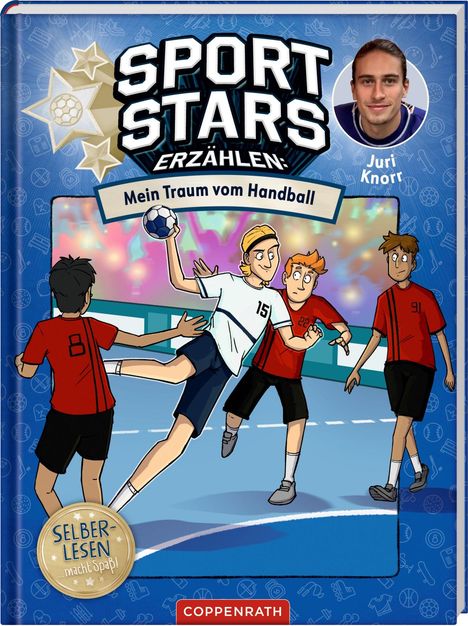 „SPORT STARS ERZÄHLEN: Mein Traum vom Handball“. Illustration von spielenden Handballspielern und ein porträtiertes Gesicht.