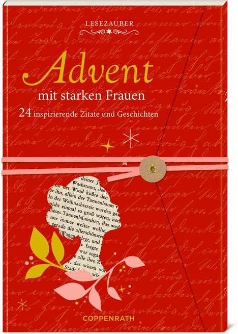 "Advent mit starken Frauen: 24 inspirierende Zitate und Geschichten." Rotes Design mit Pflanzendetails und Textsilhouette.