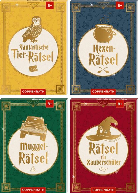 Vier Buchcover mit den Titeln: "Fantastische Tier-Rätsel", "Hexen-Rätsel", "Muggel-Rätsel", "Rätsel für Zauberschüler".
