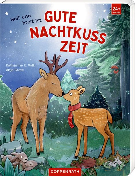 "Weit und breit ist GUTE NACHTKUSS ZEIT." Illustration: Ein Reh und Hirsch, die sich unter einem Nachthimmel berühren.