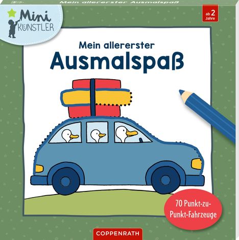 Text: "Mein allererster Ausmalspaß". Illustration: Ein Auto mit drei Enten und Gepäck. Oben links: "Mini Künstler".