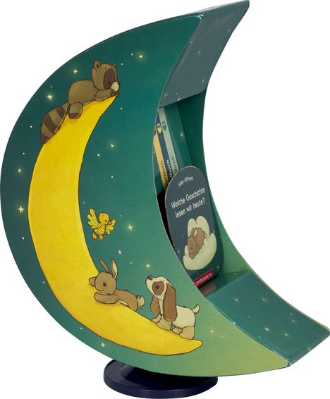 Texte: „Hier öffnen“, „Welche Geschichte lesen wir heute?“. Illustration: Tiere auf gelbem Mond, darunter ein Waschbär, ein Hase und ein Hund.