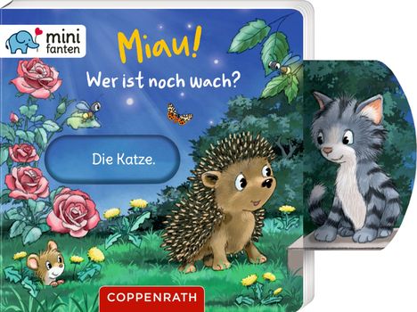 Logo mit einem Elefanten; Text: "Miau! Wer ist noch wach? Die Katze." Ein Igel und eine Katze sitzen im Garten, umgeben von Blumen und Insekten.