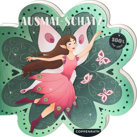 "AUSMAL-SCHATZ" steht oben. Illustration: Eine Fee mit rosa Kleid und Flügeln tanzt auf einem grünen, floralen Hintergrund.