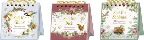 „Zeit für Glück“, „Zeit für Dich“, „Zeit für Schönes“. Illustrationen mit Naturmotiven und Tieren auf Kartenständern.