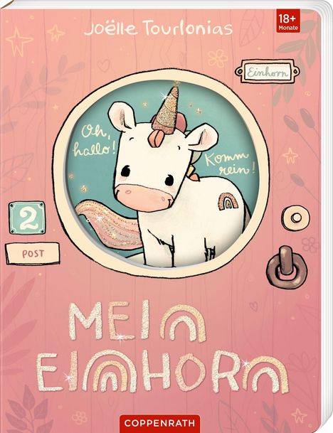 "Mein Einhorn" steht in großen Buchstaben unten. Ein illustriertes Einhorn schaut aus einer Tür, mit den Worten "Oh, hallo!" und "Komm rein!".
