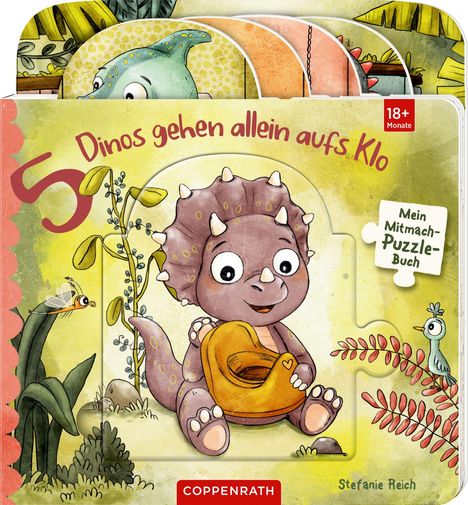 „5 Dinos gehen allein aufs Klo“. Kinderbuch mit Illustrationen von Dinosauriern, ein Dino hält einen kleinen Topf.