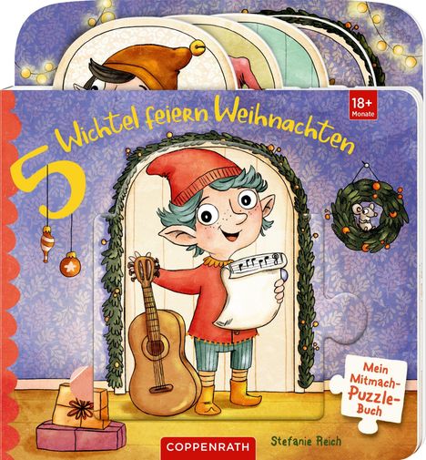 "5 Wichtel feiern Weihnachten", "18+ Monate", "Mein Mitmach-Puzzle-Buch", "Coppenrath", "Stefanie Reich". Ein Elf mit Liste.
