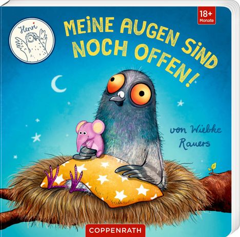 "MEINE AUGEN SIND NOCH OFFEN!" Illustration: Vogel mit großen Augen auf Nest, hält pinken Elefanten, Hintergrund blau.
