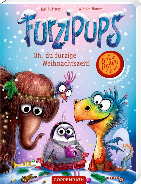 "Furzige Oh, du furzige Weihnachtszeit! Puuups Mit PUPS-Liedern! Illustration mit lustigen, bunten Tieren im Schnee."