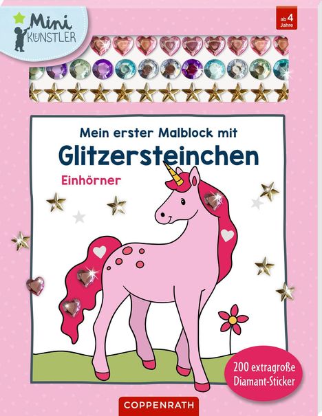 Ein bunter Malblock mit einem lila Einhorn, bunten Glitzersteinen und Aufklebern, geeignet für Kinder ab 4 Jahren.