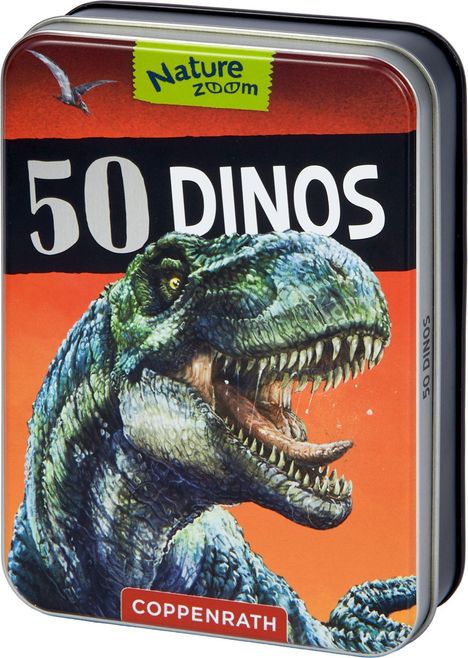 "50 DINOS", "Nature Zoom", "COPPENRATH". Blechdose mit Dinosaurier-Illustration, zeigt einen grimmigen, grünen Dino.