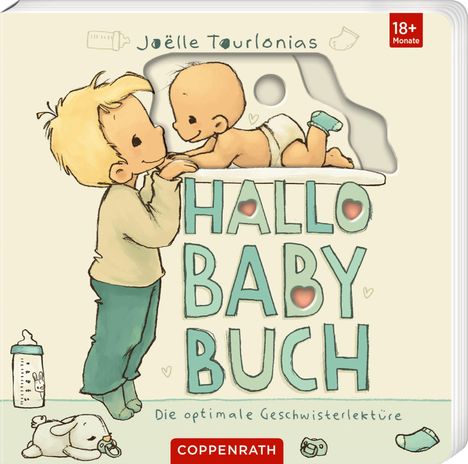 "Joëlle Tourlonias", "18+ Monate", "HALLO BABY BUCH", "Die optimale Geschwisterlektüre". Illustration: ein Kind betrachtet ein Baby.