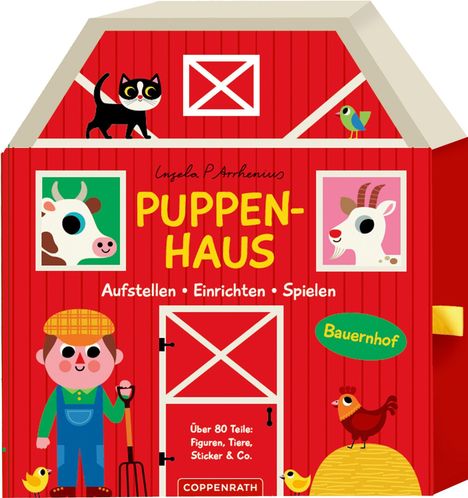 Text: "PUPPEN-HAUS. Aufstellen • Einrichten • Spielen. Bauernhof. Über 80 Teile: Figuren, Tiere, Sticker & Co."

Illustration eines roten Bauernhauses mit Tieren und einem Bauern.
