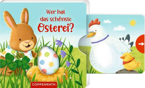 Text: "Wer hat das schönste Osterei?", Illustration: Ein Hase mit einem bunten Ei und eine Henne mit Küken auf einer Wiese.