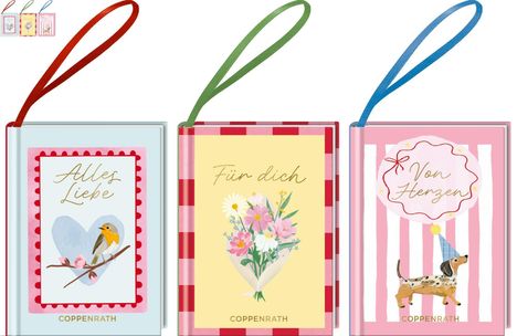 Drei Geschenkbücher mit den Texten: "Alles Liebe", "Für dich", "Von Herzen". Dekoriert mit Vogel, Blumen und Hund.