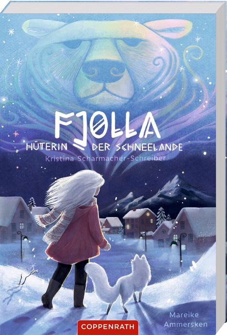 „Fjolla – Hüterin der Schneelande“ steht vor einem mystischen, winterlichen Dorf mit Polarlichtern und einem Eisbär.