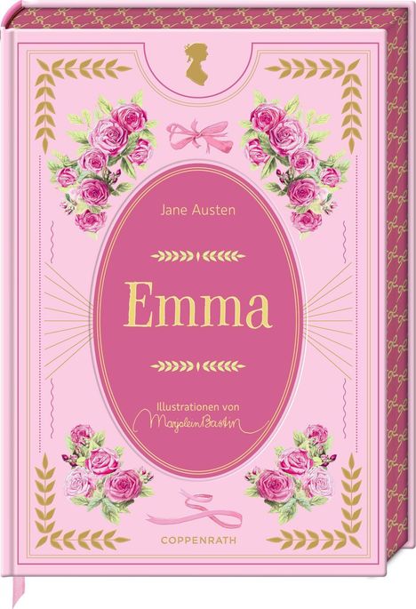 „Emma“, Jane Austen. Illustrationen von Marjolein Bastin. Ein lilafarbenes Buchcover mit Rosen und goldenen Verzierungen.