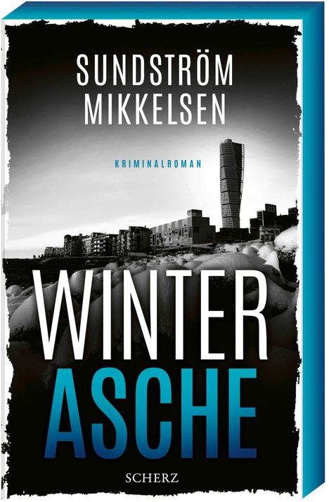 WINTER ASCHE, SUNDSRÖM MIKKELSEN, Kriminalroman. Schwarz-weißes Stadtbild mit einem markanten, modernen Turm.