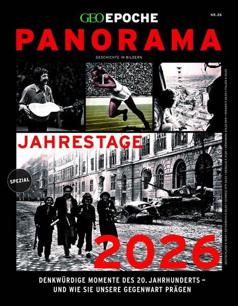 GEO EPOCHE PANORAMA 2026. Jahresrückblicke, Ereignisse des 20. Jahrhunderts. Collage mit Fotos von historischen Momenten.