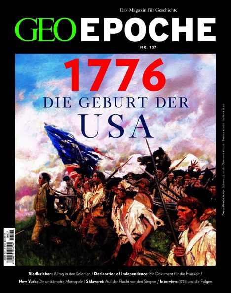 "1776 DIE GEBURT DER USA" steht über einem Gemälde, das einen Marsch von Soldaten mit Flaggenschwenken zeigt.