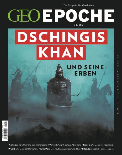 Titel: "DSCHINGIS KHAN UND SEINE ERBEN". Hintergrund: Krieger in Rüstung und auf Pferden in nebliger Atmosphäre.