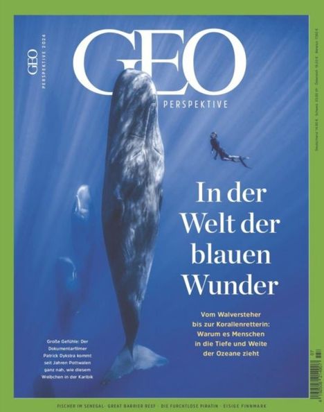Es steht „In der Welt der blauen Wunder“. Ein Taucher neben einem großen Wal vor blauem Hintergrund.