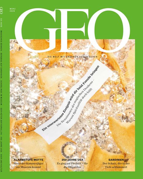Ein unerwartetes Ereignis wird dir bald Freude bringen. Hintergrund: Glitzernde Kristalle und ein Glückskeks auf grünem Cover.