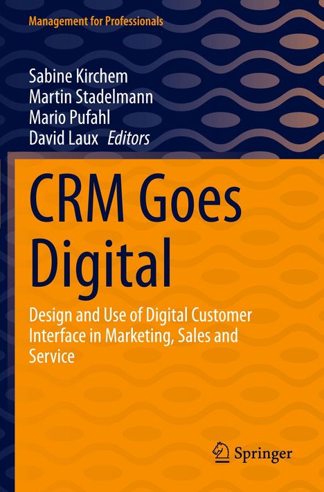 "CRM Goes Digital" in großen Buchstaben. Orange-blauer Hintergrund mit welligem Muster. Oben stehen die Editoren.