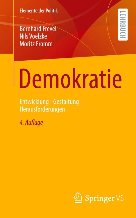 „Demokratie – Entwicklung, Gestaltung, Herausforderungen, 4. Auflage“. Gelbes Cover mit orangen Details.