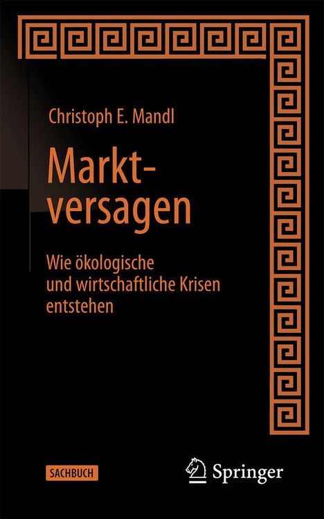 "Marktversagen: Wie ökologische und wirtschaftliche Krisen entstehen." Orange Text auf schwarzem Hintergrund mit spiralförmigem Muster.