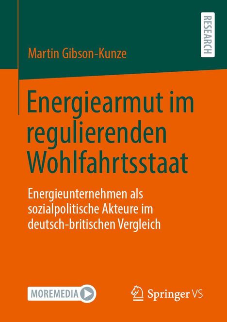 Texte "MOREMEDIA" und "Springer VS" unter einem wissenschaftlichen Buchcover in Grün und Orange mit dem Titel über Energiearmut.