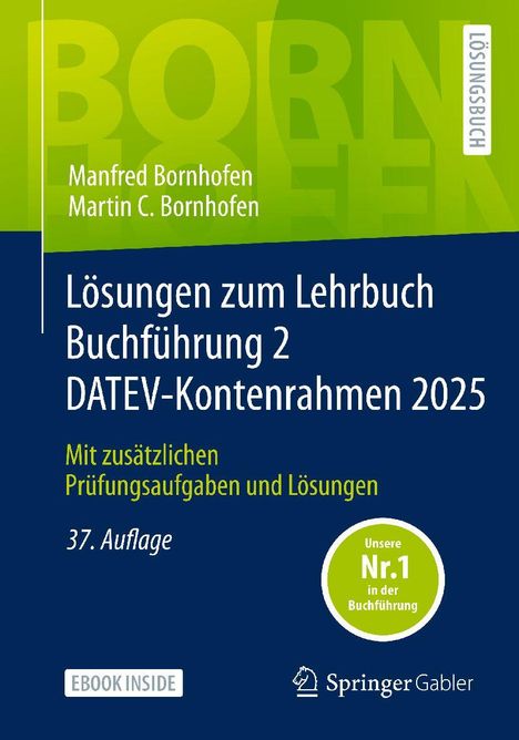 Titel: „Lösungen zum Lehrbuch Buchführung 2“, DATEV-Kontenrahmen 2025, 37. Auflage. Blau-grünes Cover mit Logos.