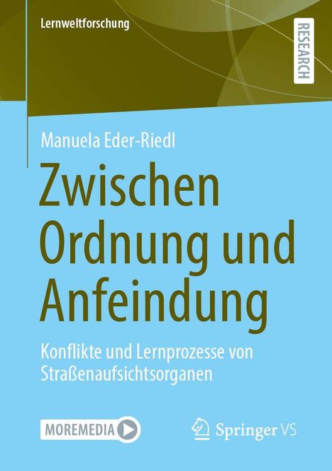 "Zwischen Ordnung und Anfeindung" von Manuela Eder-Riedl, mit Logos von MOREMEDIA und Springer VS, blauer Hintergrund.