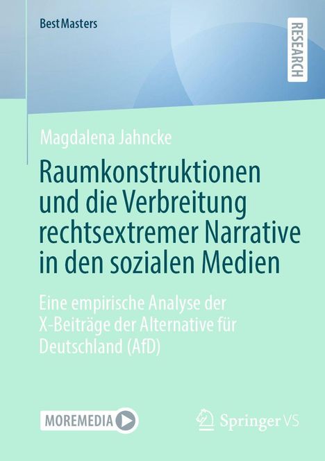 Research, BestMasters, Magdalena Jahncke, Raumnarrative, AfD-Analyse. Grün-blauer Hintergrund mit Verlagslogos unten.