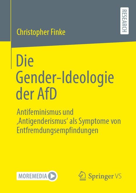 "Die Gender-Ideologie der AfD" von Christopher Finke, gelbe Buchhülle mit grauer Ecke, Springer VS-Logo.