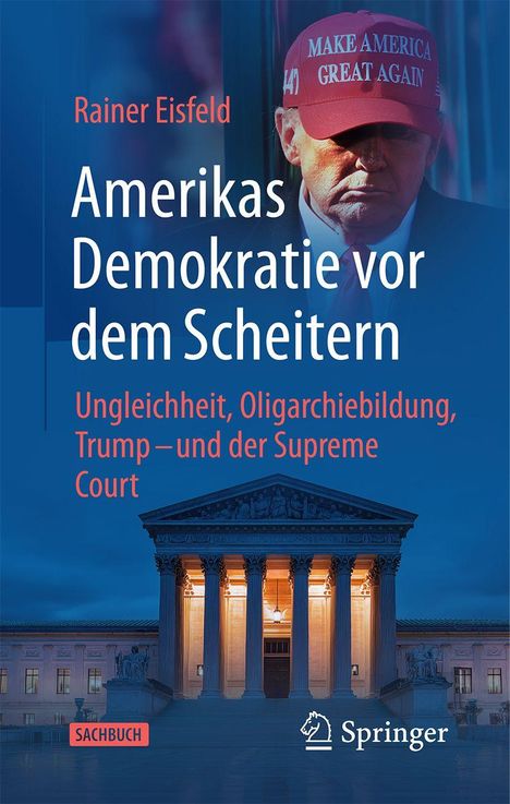Titel: Amerikas Demokratie vor dem Scheitern. Bild eines Mannes mit roter Kappe und einem beleuchteten Gebäude.