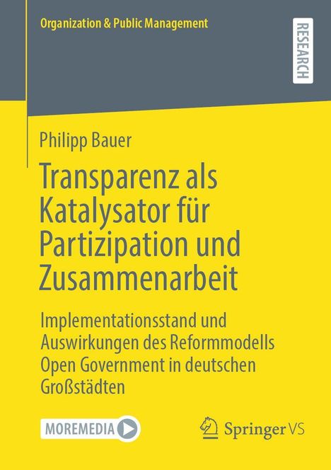 "Organisation & Public Management", "Philipp Bauer", "Transparenz als Katalysator", gelber Hintergrund, Logos am unteren Rand.