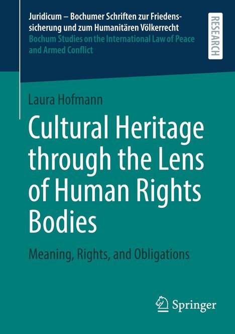 Bucheinband: Titel "Cultural Heritage through the Lens of Human Rights Bodies". Autorin: Laura Hofmann. Verlag: Springer.