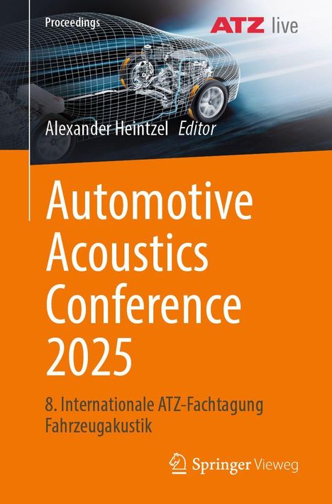 Texte: “Automotive Acoustics Conference 2025”, “8. Internationale ATZ-Fachtagung Fahrzeugakustik”. Skizze eines Autos.