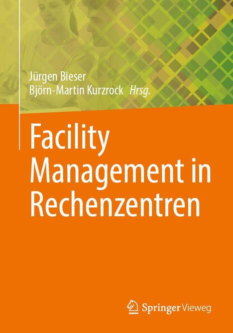 "Facility Management in Rechenzentren" in weißem Text auf orangefarbenem Hintergrund. Oben geometrische Muster.