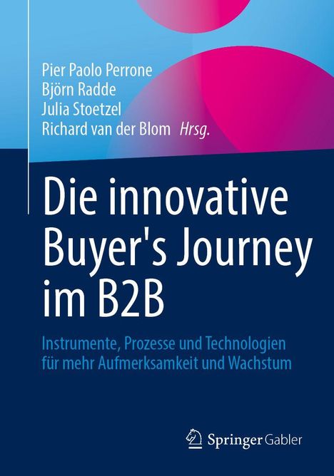 Titel: "Die innovative Buyer's Journey im B2B". Autoren: Pier Paolo Perrone, Björn Radde u.a. Blau-pinkes Design.
