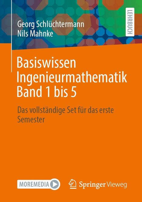 "Basiswissen Ingenieurmathematik Band 1 bis 5. Buchcover mit einem blauen Muster oben und orangefarbenem Hintergrund unten."