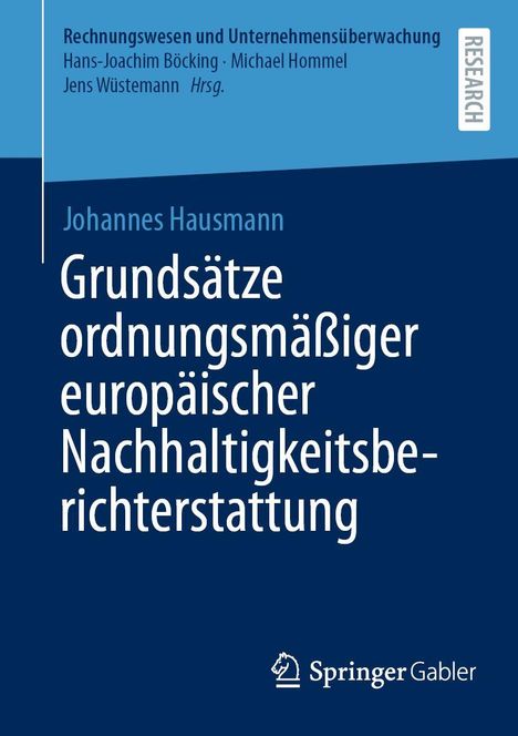 "Grundsätze ordnungsmäßiger europäischer Nachhaltigkeitsberichterstattung" von Johannes Hausmann. Blaues Cover mit Logo.