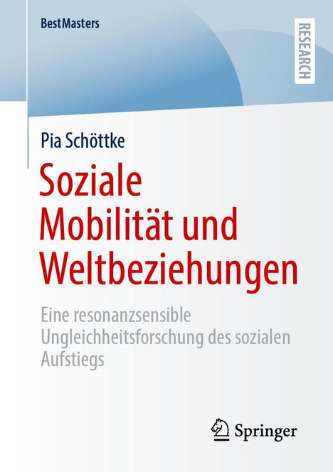 Text: "BestMasters", "Pia Schöttke", "Soziale Mobilität und Weltbeziehungen", "Eine resonanzsensible Ungleichheitsforschung des sozialen Aufstiegs", "Springer". Links eine blaue Farbfläche.
